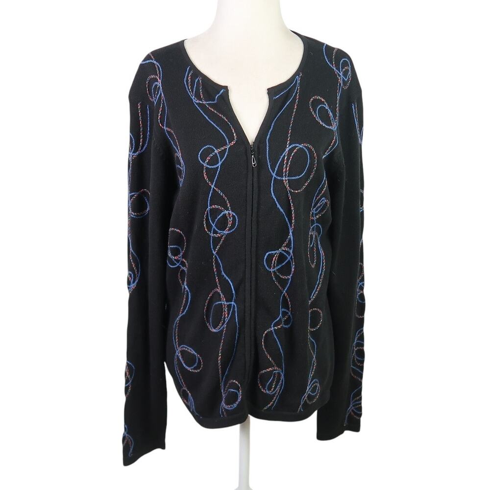 Foxcroft black and blue embroidered swirl pattern zip front cardigan sweater M